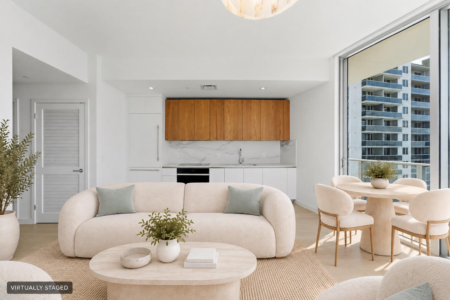 Virtually staged living room facing the streamlined kitchen