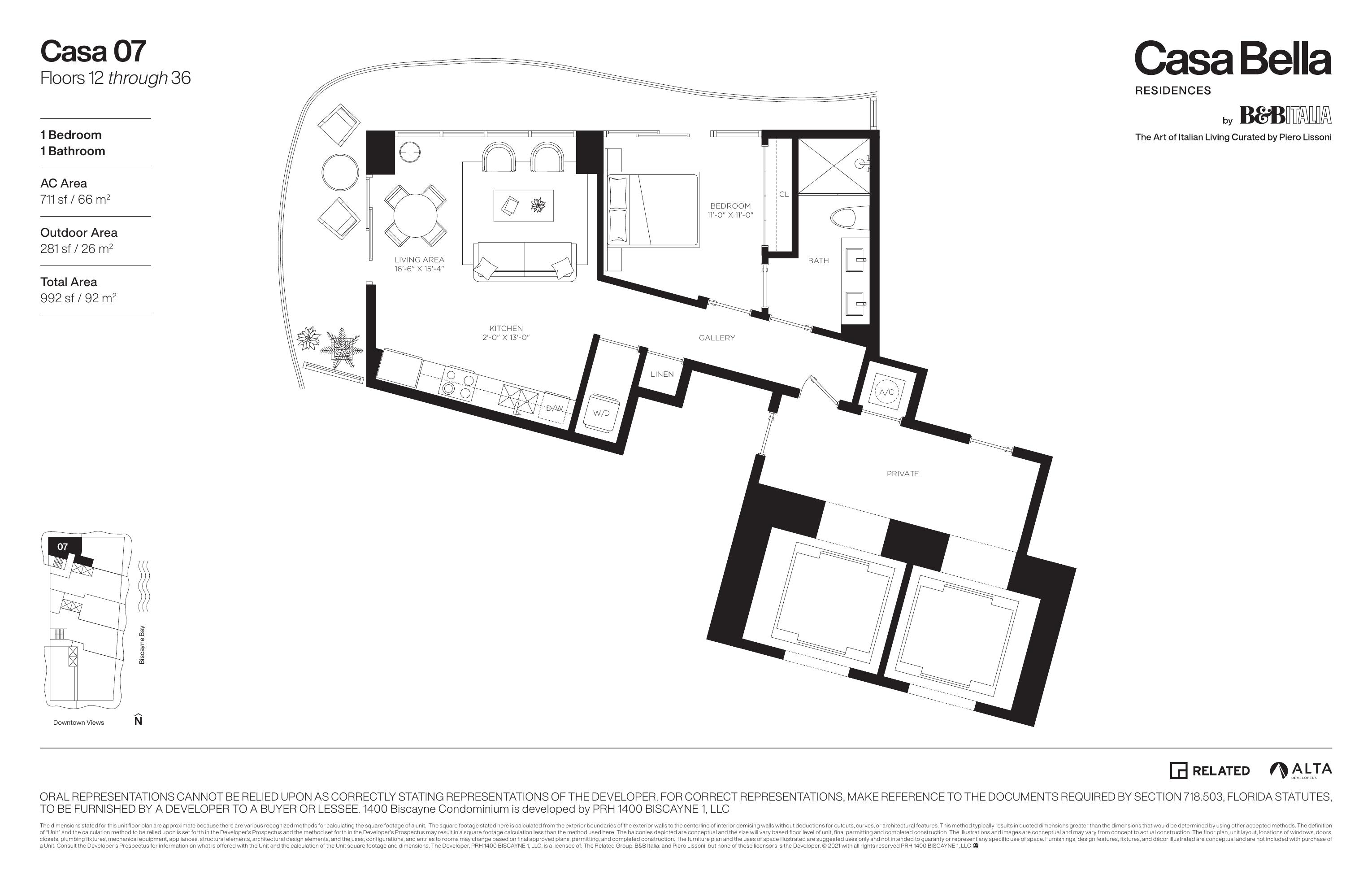 Casa 07 one-bedroom floor plan for floors 12 through 36, showing a private elevator vestibule, gallery, bathroom, bedroom, kitchen, living area, and curved balcony