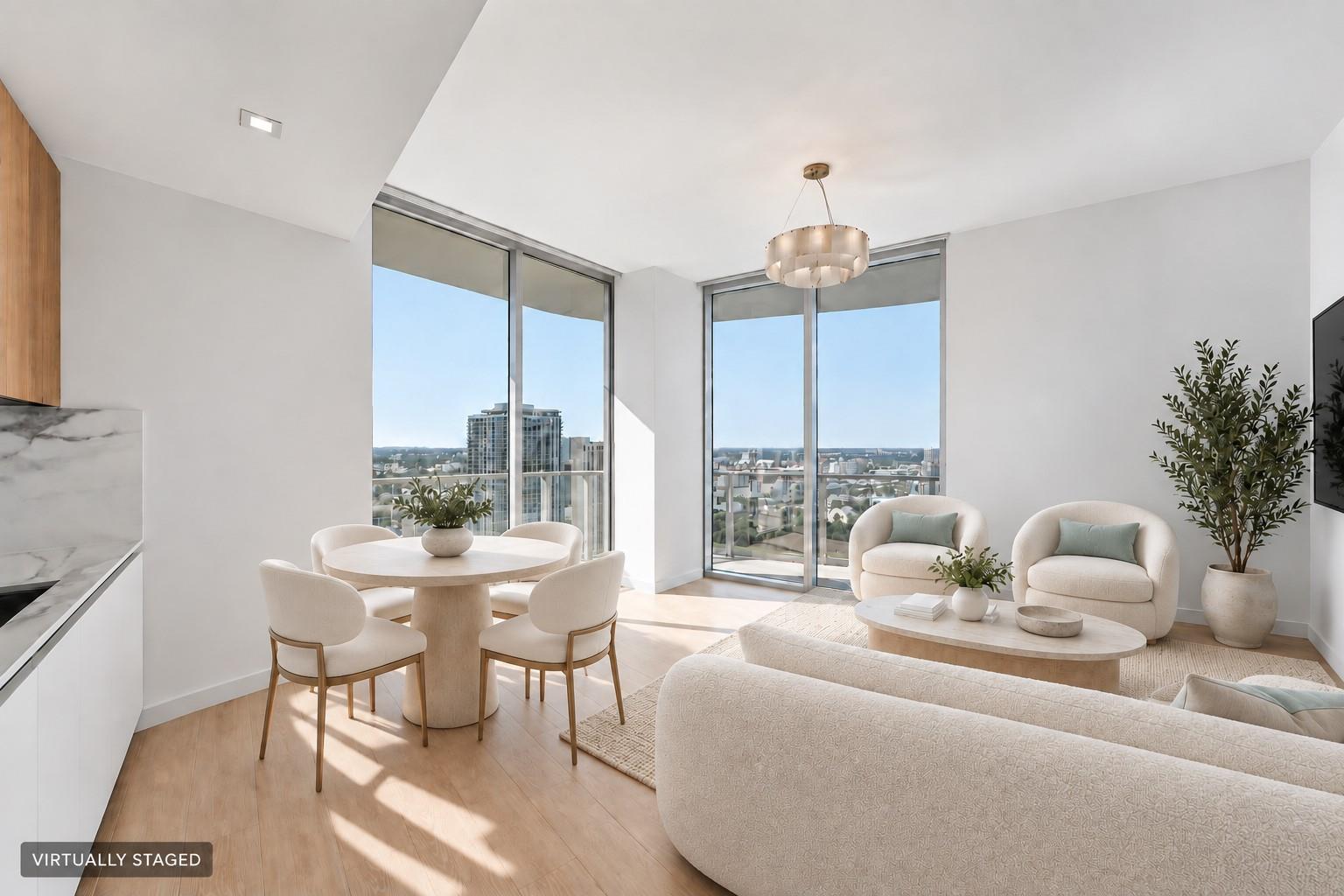 Virtually staged corner living room with floor-to-ceiling glass