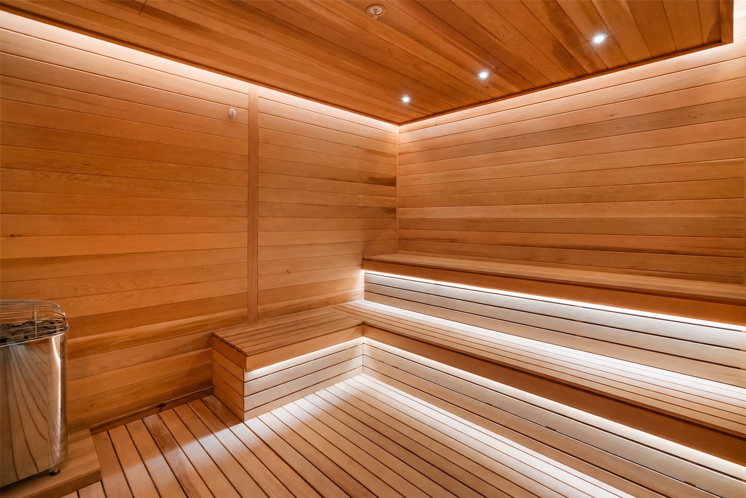 Wood-lined sauna at the Casa Bella wellness center